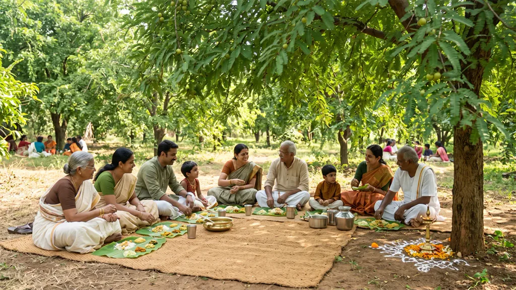An Indian multi-generational family sitting on woven mats in a sunlit green orchard under an Amla tree, sharing a traditional vegetarian meal on banana leaves